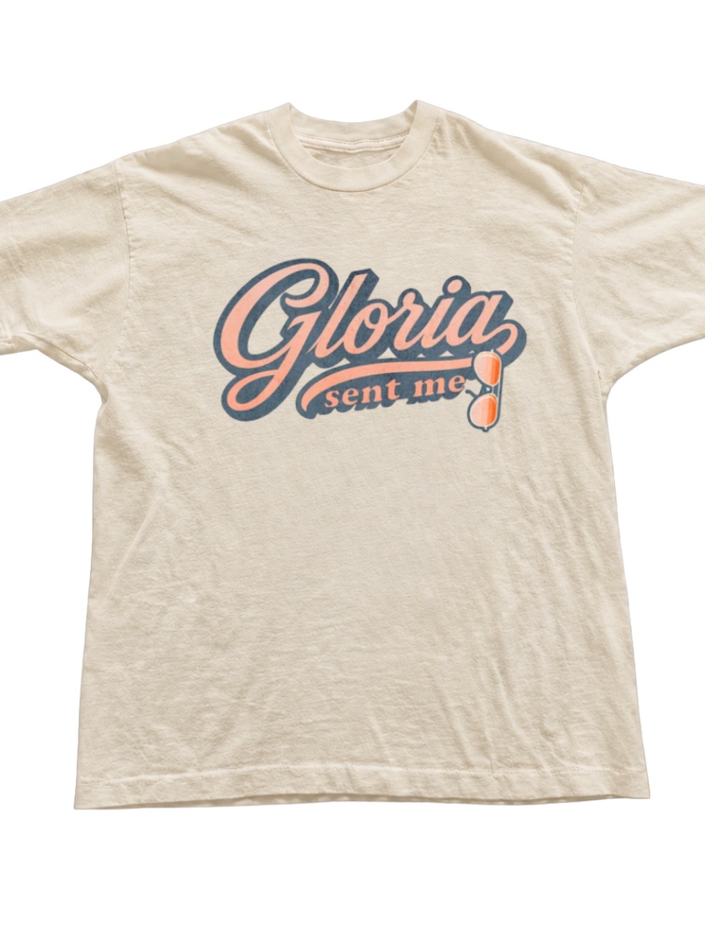 Off White Short Sleeve Tee with Peach & Navy Retro Graphic